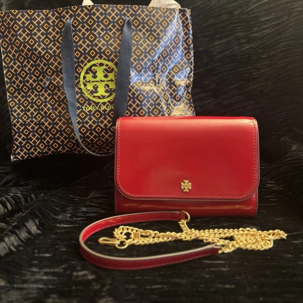 Tory Burch Cherry Red Crossbody Bag with Gold Chain